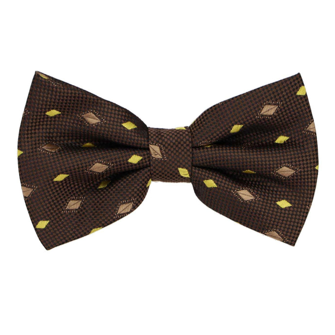 A brown pre-tied bow tie with yellow and lighter bright diamond shapes
