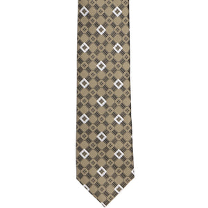 The front of a skinny tie with a button like pattern in light brown