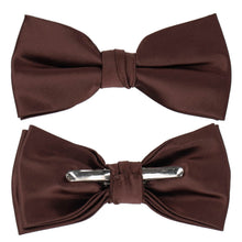 Load image into Gallery viewer, Front and back of brown clip-on bow ties on a plain white background, with the top tie shown flat and the bottom tie shown with a silver metal clasp.