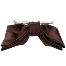 Load image into Gallery viewer, A brown clip-on bow tie shown with the silver metal clip open, shown against a plain white background.