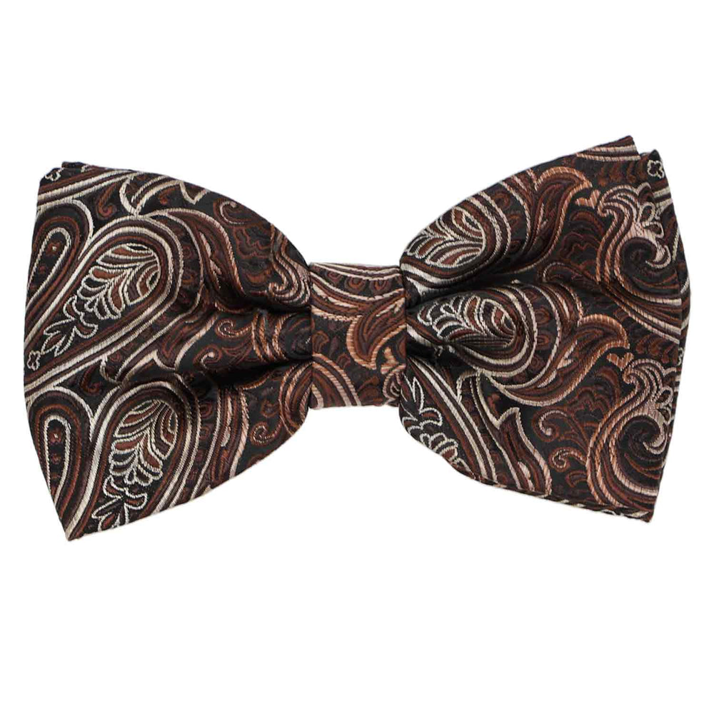 Brown pre-tied bow tie with a large paisley pattern