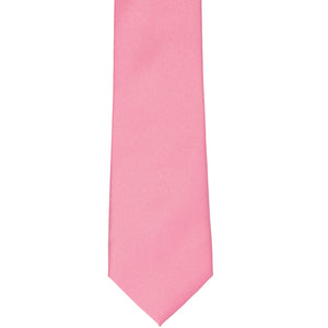 The front of a bubblegum pink slim tie, laid out flat