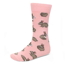 Load image into Gallery viewer, A light pink men&#39;s sock with gray bunnies all over