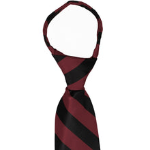 Load image into Gallery viewer, A closeup of the knot on a burgundy and black striped zipper tie