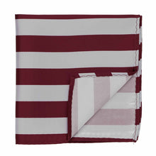 Load image into Gallery viewer, A burgundy and silver pocket square with the corner flipped up to show the backside