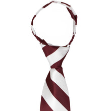Load image into Gallery viewer, The knot on a burgundy and white striped zipper tie