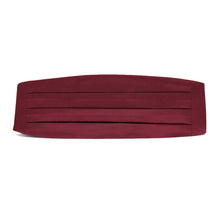 Load image into Gallery viewer, A pleated cummerbund in a burgundy fabric, shown flat against a solid white background.