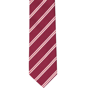 The front of a pencil striped slim tie, laid flat