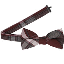 Load image into Gallery viewer, Burgundy plaid bow tie with an open band collar