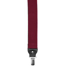 Load image into Gallery viewer, A close-up of a burgundy suspender strap with a black and silver metal hardware, shown vertically against a plain white background.
