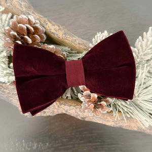 A burgundy velvet bow tie displayed with pine needs and pinecones
