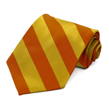 Load image into Gallery viewer, A burnt orange and gold extra long striped tied rolled up