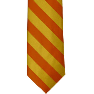 Flat view of a burnt orange and gold extra long striped tie
