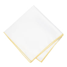 Load image into Gallery viewer, A white pocket square with butter yellow stitching, folded into a diamond