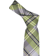 Load image into Gallery viewer, Plaid knotted tie with green, gray, and black pattern on a white background