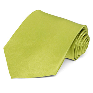 A chartreuse solid tie, rolled to show off the front