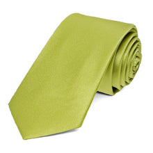Load image into Gallery viewer, A chartreuse slim silk tie, rolled to show off the tip