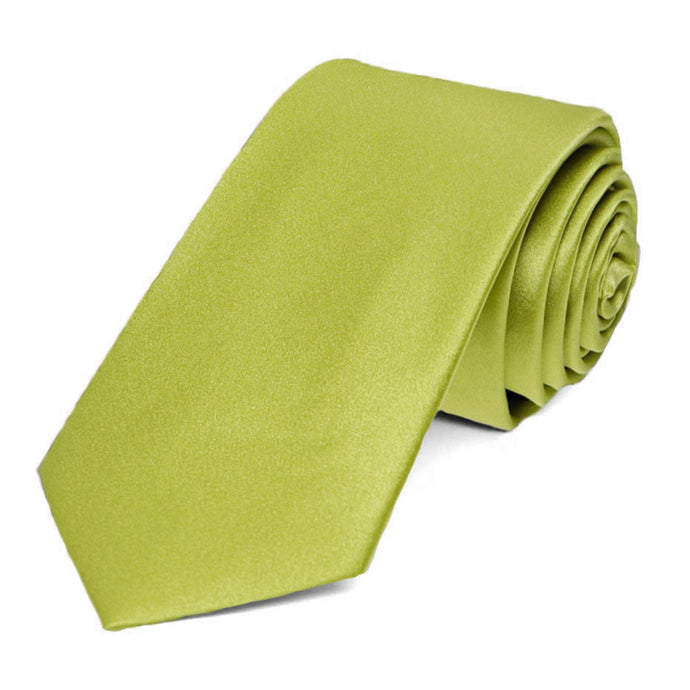 A chartreuse slim silk tie, rolled to show off the tip