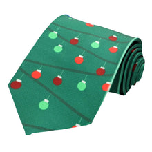 Load image into Gallery viewer, A green novelty tie decorated with red and green Christmas ornaments