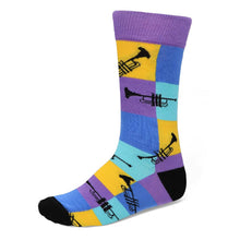 Load image into Gallery viewer, Men&#39;s trumpet-themed socks in blue, purple, black and yellow