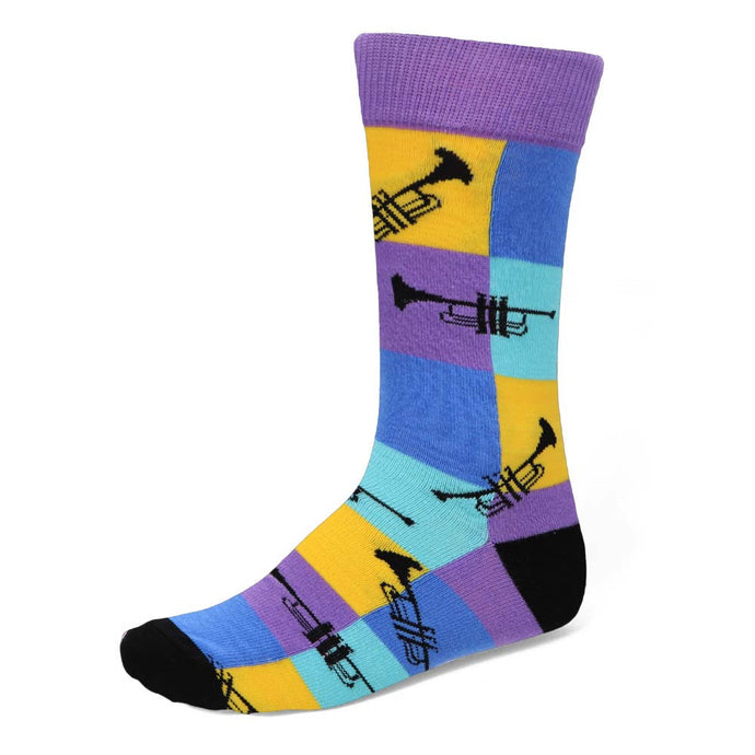 Men's trumpet-themed socks in blue, purple, black and yellow