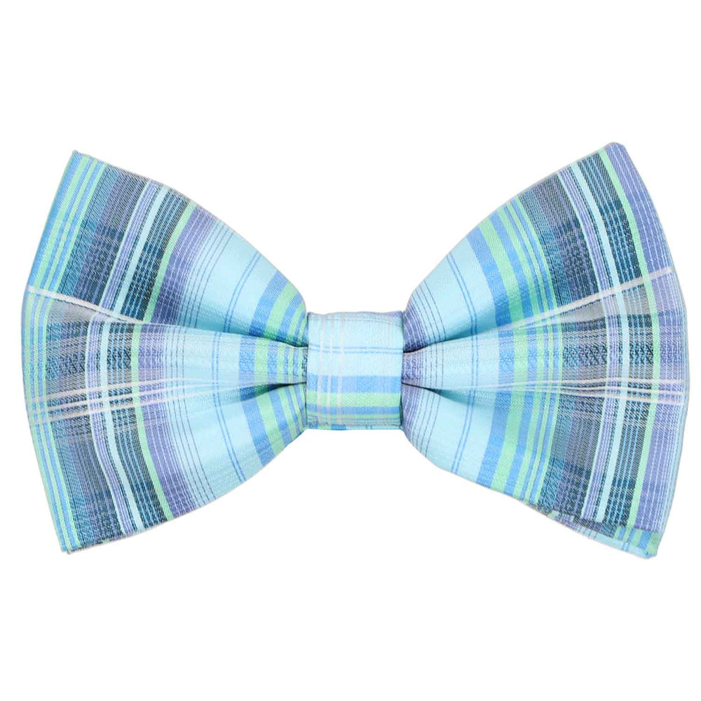A vibrant light blue plaid pre-tied bow tie with colorful pastel details