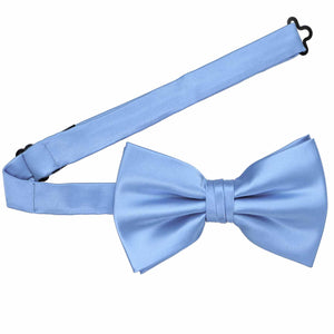 A cornflower large pre-tied bow tie with the band collar open
