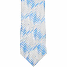 Load image into Gallery viewer, The front of a cornflower and silver geometric tie, laid flat