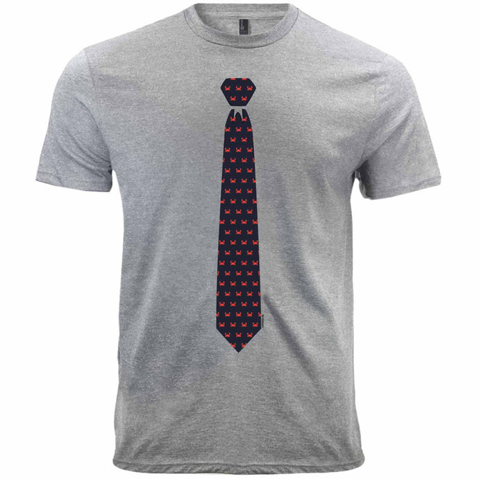 A crab themed necktie design on a light gray tee