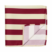 Load image into Gallery viewer, Crimson red and cream striped pocket square with the corner flipped up