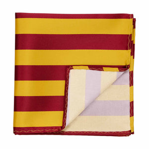 A crimson red and golden yellow striped pocket square with the corner folded up to show the back