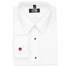 Load image into Gallery viewer, Crimson red flower pattern fabric cufflinks on a white dress shirt.