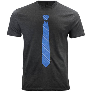 A grey men's t-shirt with a blue dad-themed striped necktie design