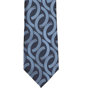 The front of a dark blue tie with a large link pattern