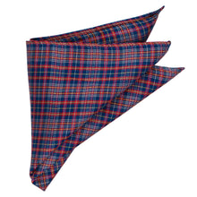 Load image into Gallery viewer, A folded plaid pocket square in a dark blue, red, and white pattern, displayed on a clean white background.