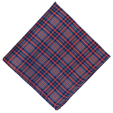 Load image into Gallery viewer, A folded pocket square featuring a classic plaid pattern in dark blue, red, and white, shown on a plain white background.