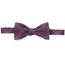 Load image into Gallery viewer, Tied dark blue, red and blue plaid pattern self-tie bow tie with the band collar laying flat
