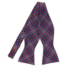 Load image into Gallery viewer, Dark blue, red and blue plaid pattern self-tie bow tie untied