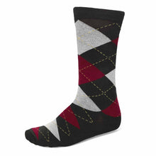 Load image into Gallery viewer, A dark gray and burgundy argyle sock on a white background