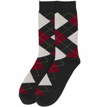 Load image into Gallery viewer, A pair of dark gray and burgundy argyle socks on a white background