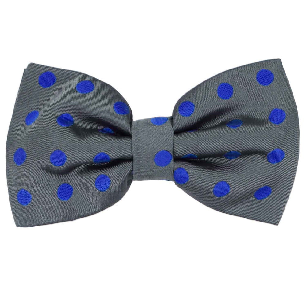 A men's dark gray pre-tied bow tie with royal blue polka dots