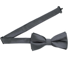 Load image into Gallery viewer, A dark gray pre-tied bow tie with the band collar open