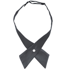 Load image into Gallery viewer, A dark gray crossover tie with a single pearl snap at the center, laid flat on a white background.
