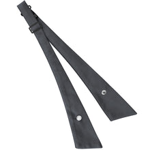Load image into Gallery viewer, A dark gray crossover tie with pearl snap buttons and a black metal buckle, displayed on a clean white background