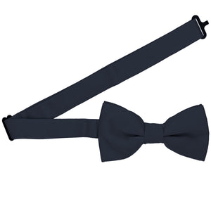 A dark navy blue bow tie with the band collar open