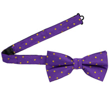Load image into Gallery viewer, A dark purple and gold polka dot pre-tied band collar bow tie with the collar open