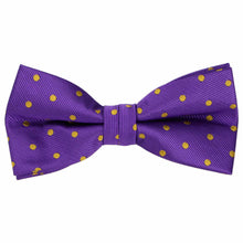 Load image into Gallery viewer, A dark purple and gold polka bow tie in a pre-tied style
