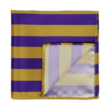 Load image into Gallery viewer, A dark purple and gold striped pocket square with the blank inside corner flipped up