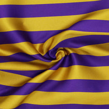 Load image into Gallery viewer, Closeup of a material on a dark purple and gold striped scarf