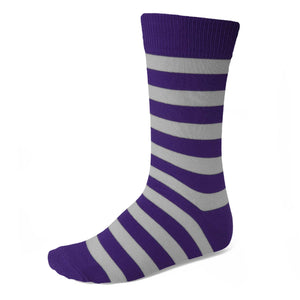 A man's dark purple and silver striped sock